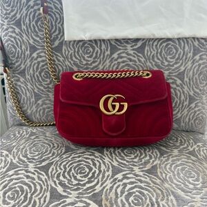 Gucci Red Velvet Crossbody Bag with Gold Chain